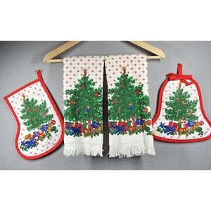 Vintage Cannon Christmas Tree Hand Towels Potholders Set Holiday Kitchen Decor